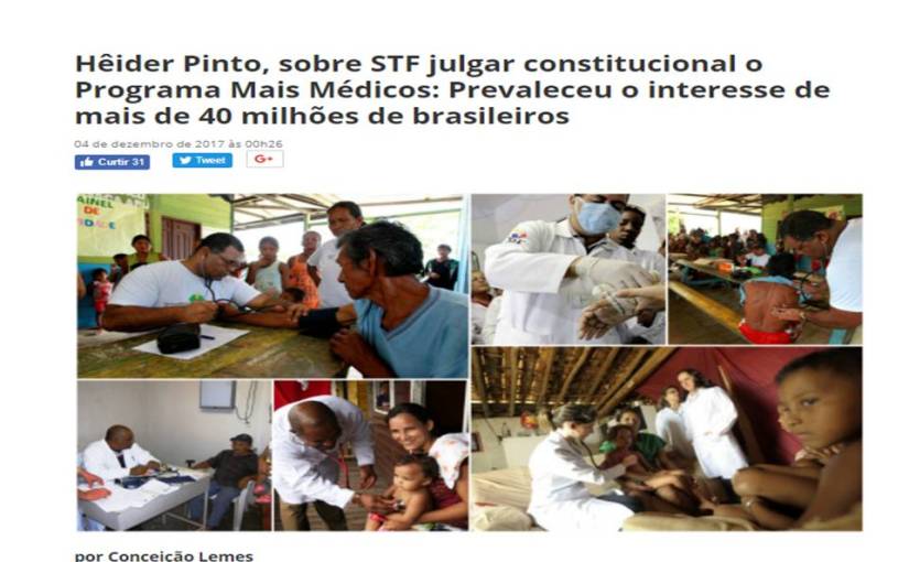 Hêider Pinto, sobre STF julgar constitucional o Programa Mais Médicos: Prevaleceu o interesse de mais de 40 milhões de&nbsp;brasileiros