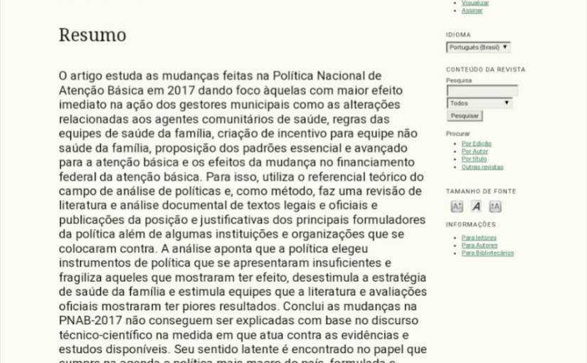 Artigo: ANÁLISE DA MUDANÇA DA POLÍTICA NACIONAL DE ATENÇÃO&nbsp;BÁSICA